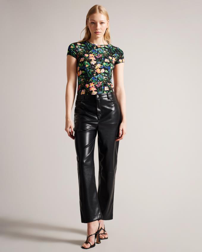 T-Shirt Ted Baker Sketchy Magnolia Print Fitted Noir Femme | OUS-82195285